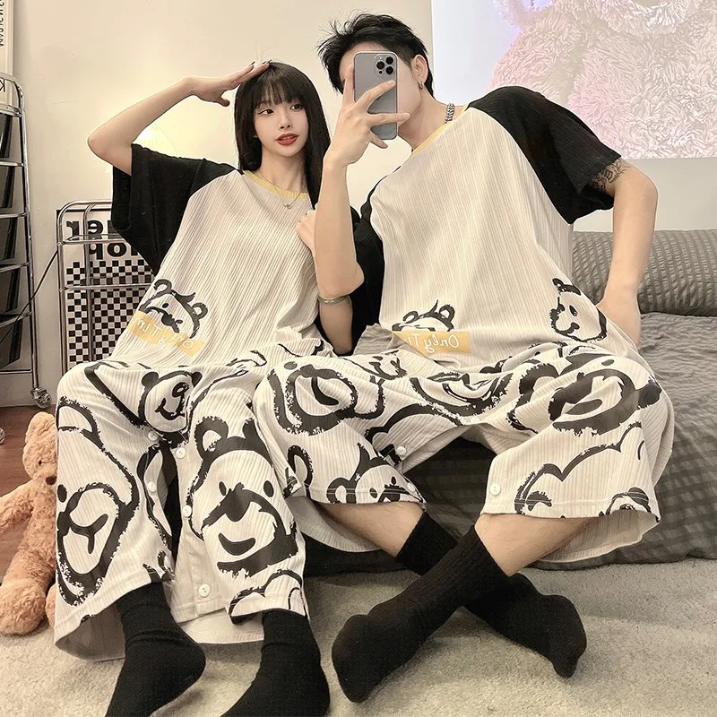 Summer Onesies Men Women Unisex Short Sleevee Cartoon Animal Nightdress Couple Pajamas Jumpsuit Cotton Sleepwear Onesie