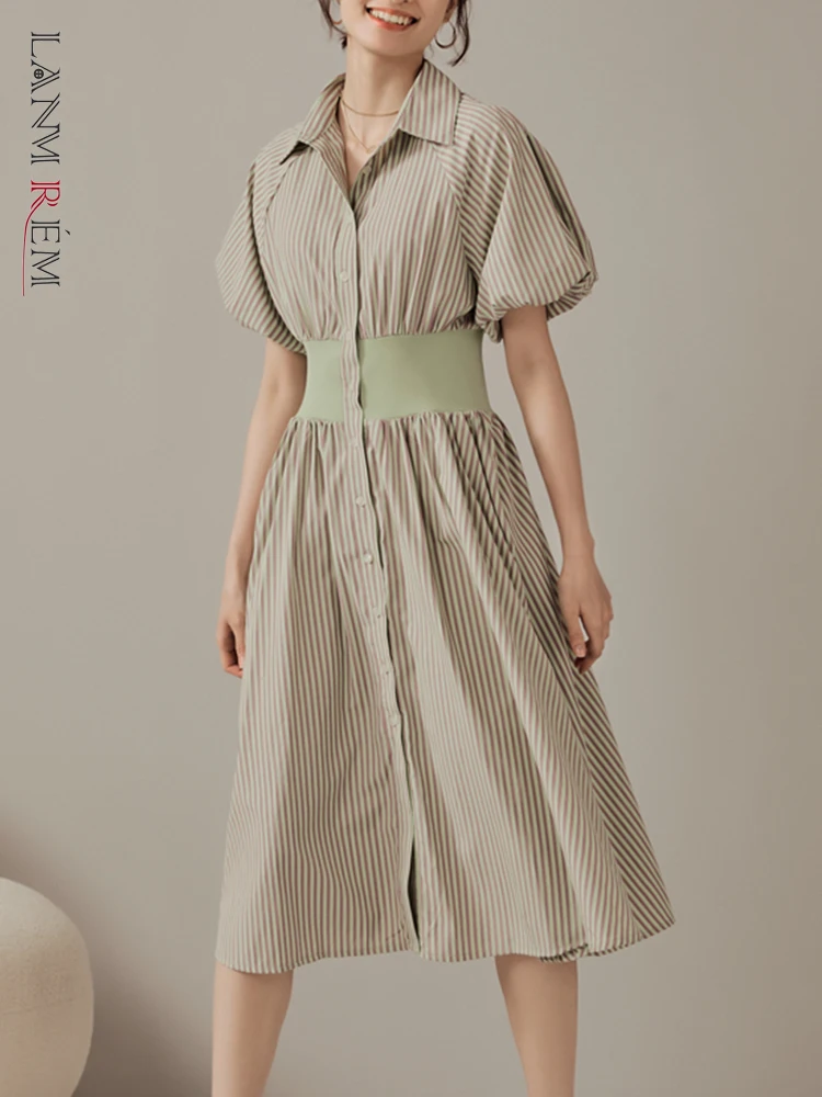 

LANMREM Casual Striped Dress Lapel Puff Short Sleeves Patchwork Gathered Waist Single Breasted Dresses Fashion 2023 New CP2001
