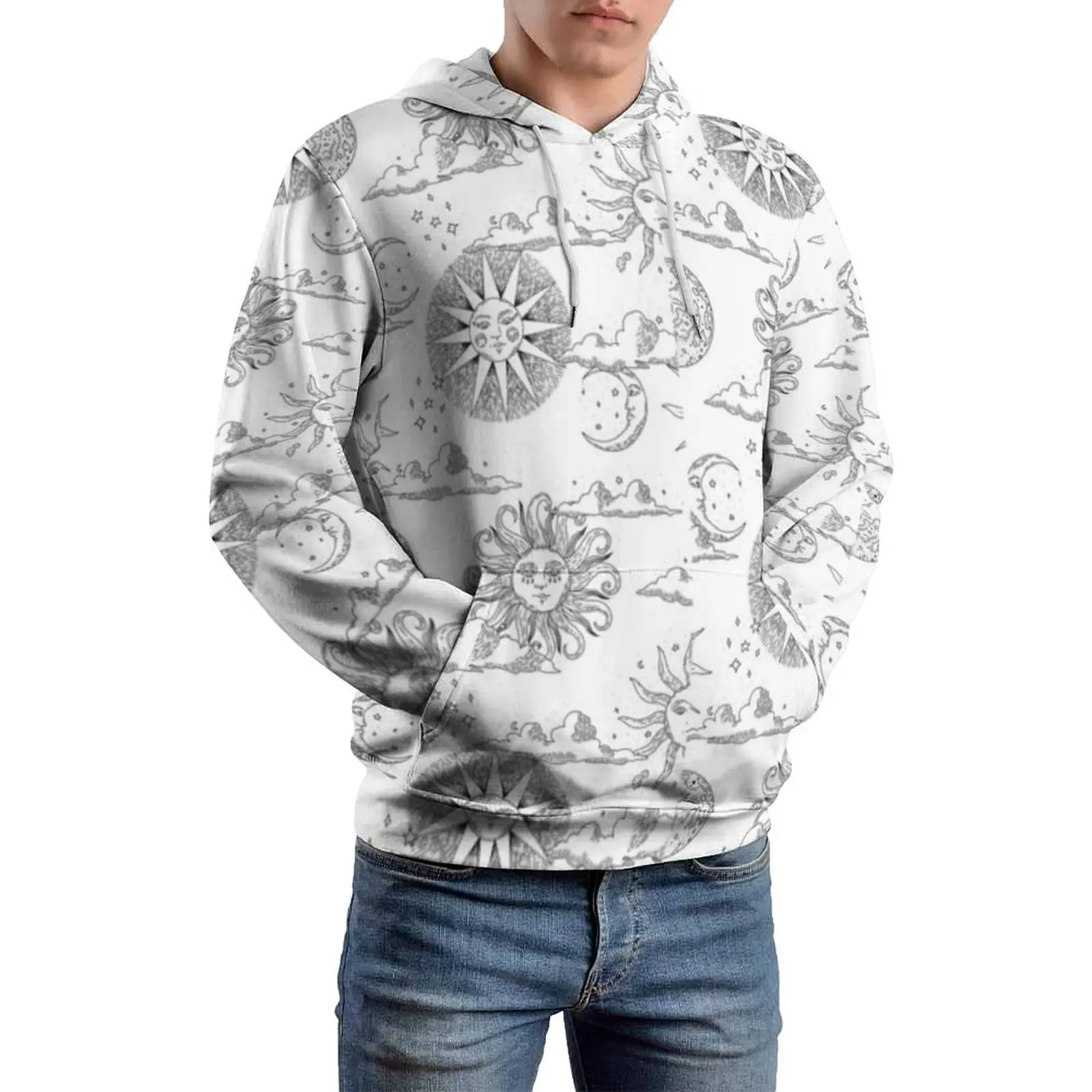 

Толстовка мужская с длинным рукавом, повседневная Весенняя смешная кофта с принтом символов, Солнца и Луны, Свободный Топ оверсайз