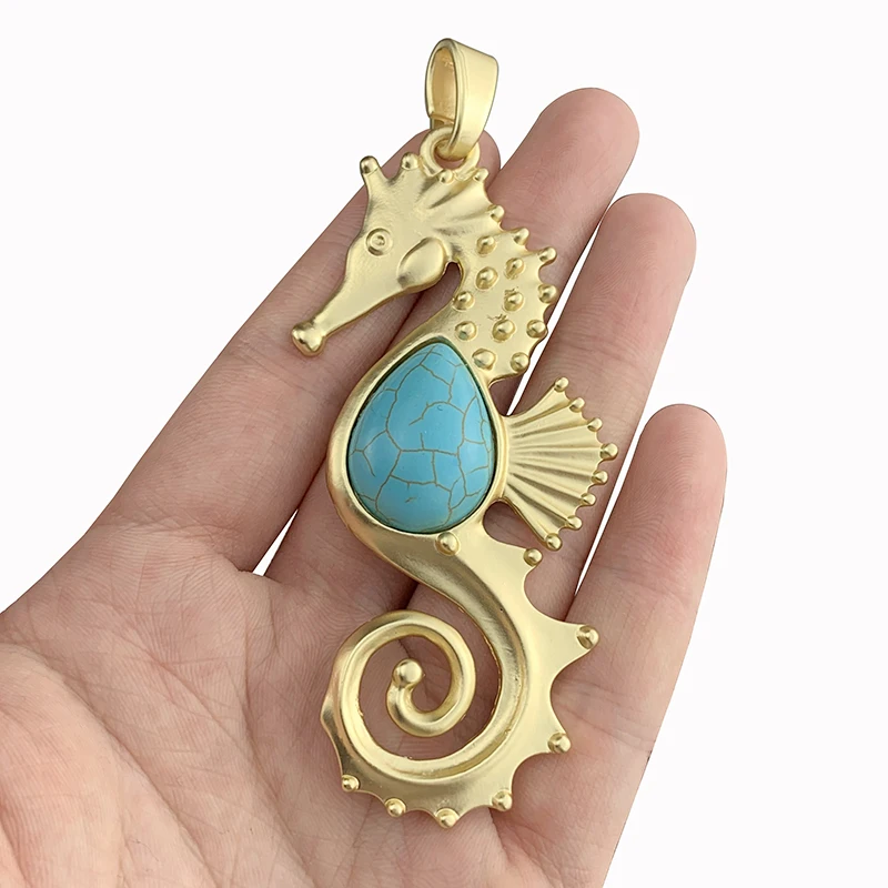 

1 Piece Matt Gold Large Seahorse Hippocampus Charms Pendants & Faux Turquoise Stone for Necklace Jewellery Making 101x36mm