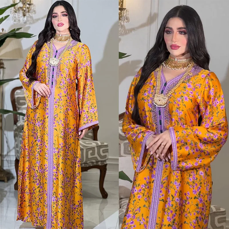 

2023 New Dubai Kaftan Dresses Women Robe Abaya Printed Eid Muslim Jalabiya Arabic Rhinestone Dress Aftan Elegant Vestidos Party