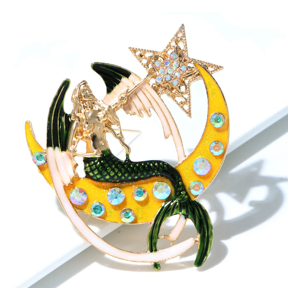 

Namel Mermaid Fish Brooches for Women Crystal Mermaid Sitting on The Moon Brooch Lady Party Casual Badge Pins Gifts