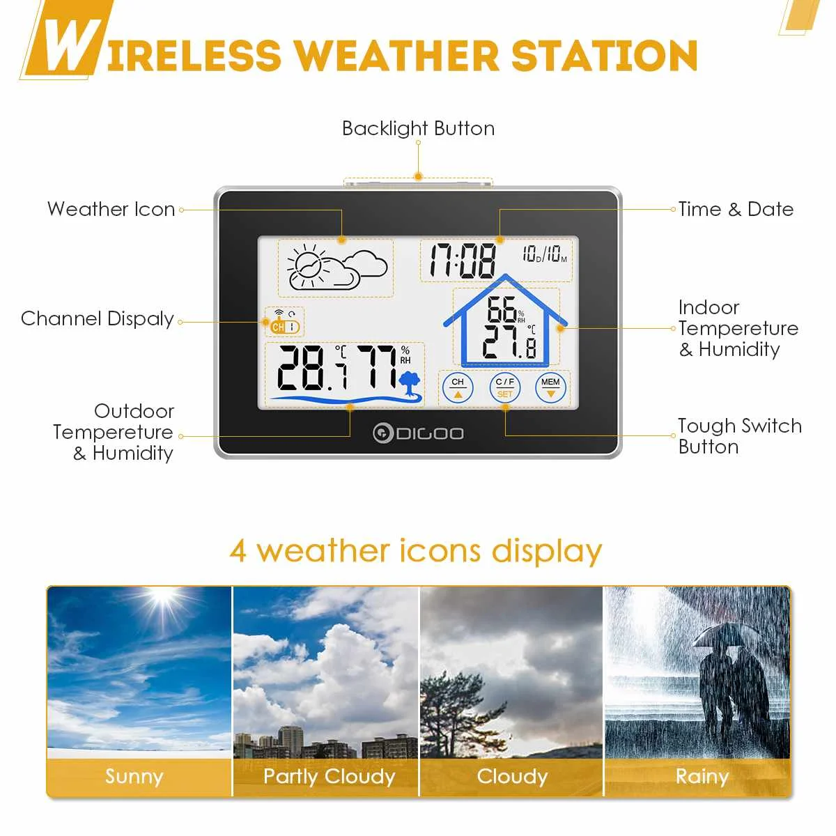 

2022.Digoo DG-TH8380 Wireless Thermometer Hygrometer Touch Screen Weather Station With Thermometer Outdoor Forecast Sensor Clock