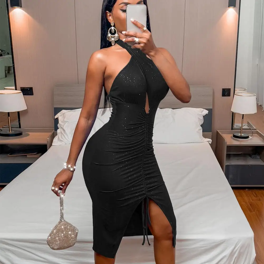 

Sexy Pencil Dress Hollow Out Shirring Front Split Hem Waist Tight Hip Wrap Halter Backless Shiny Bodycon Gown Dress Club Wear