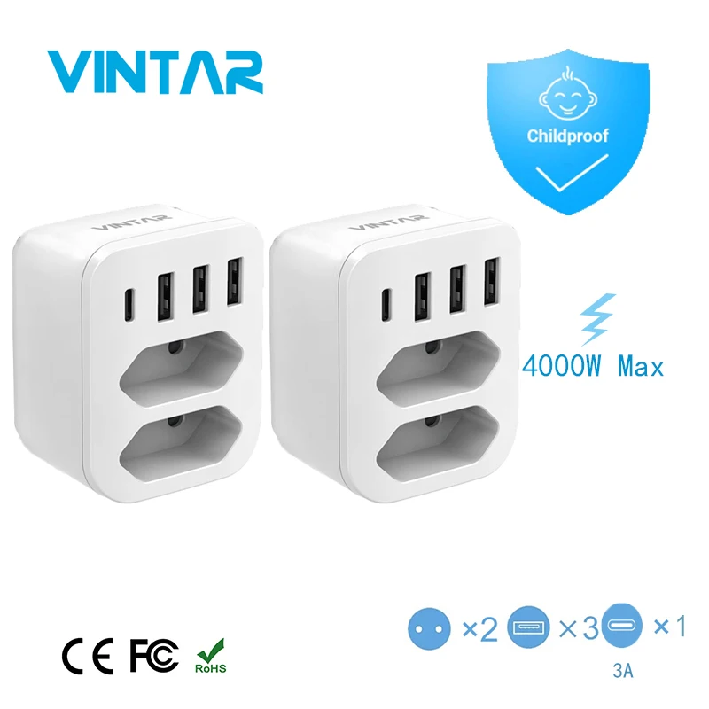 

2 EU Plug Power Strip 4000W Fast Charging Power Adapter with 2 Outlets 3 USB Charging Ports 1 USB C 5V 3A Plug Socket for iPhone