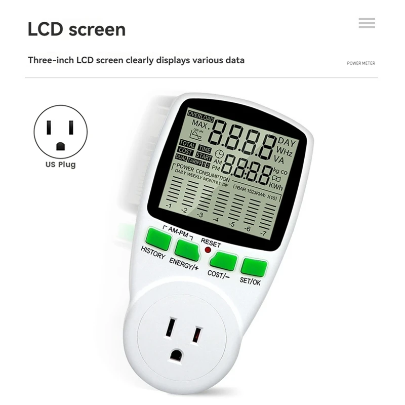 Digital LCD Energy Meter Wattmeter Wattage Electricity Kwh Power Measuring Outlet Analyzer US Plug