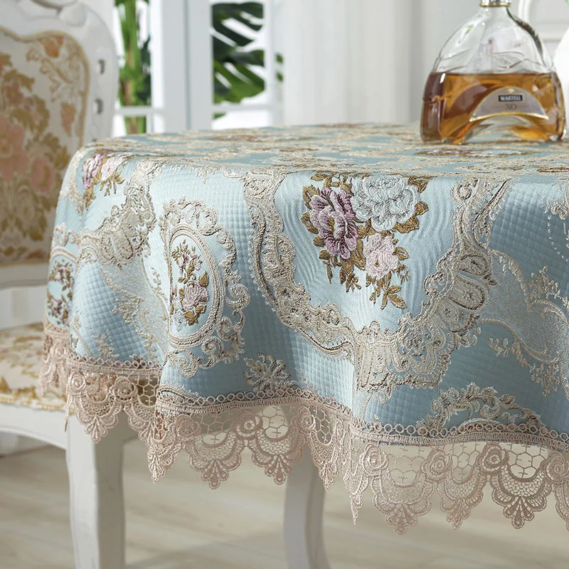 Round Tablecloth Blue Table Cover Europe Thicken Embroidered Lace Three-Dimensional Jacquard Flower Dining Table Chair Cover Set