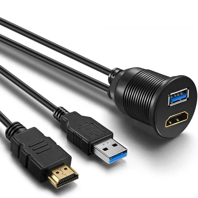 

1m 6ft USB 3.0/2.0 and HDTV Extension Cable Flush Dashboard Panel Mount Waterproof Cord for Auto Car Yacht Boat Motorcycle
