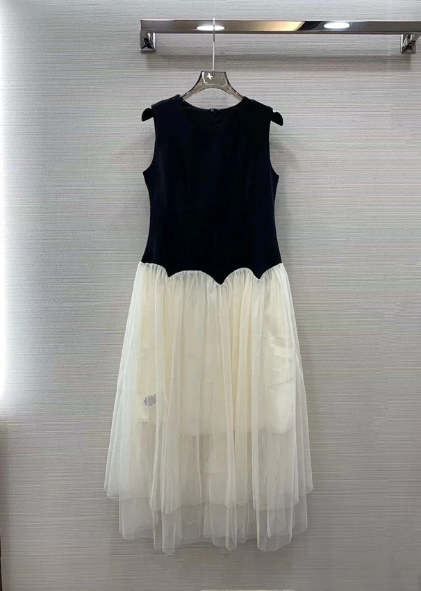 2023 new women fashion sleeveless crew neck slim tank top stitching mesh hem sweet long dress dress 1623