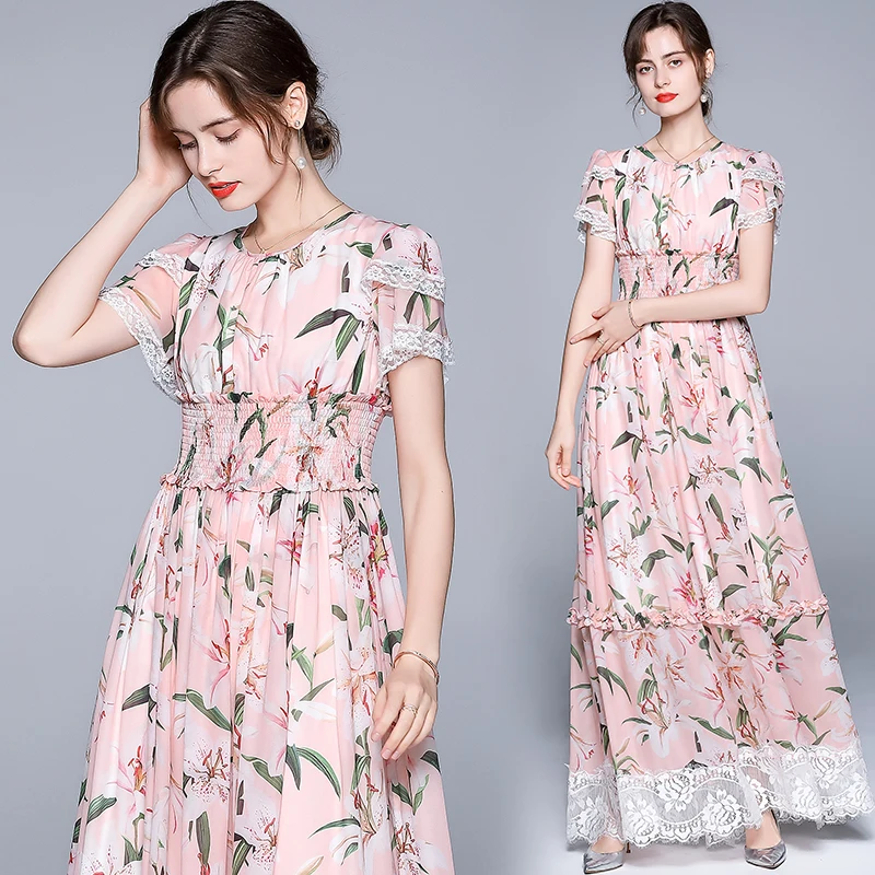 

Aibeautyer New Casual Spring Autumn Floral Print Slim Short Lady Dress A Line O Neck Chiffon Pullover Mid-Calf Women Dresses