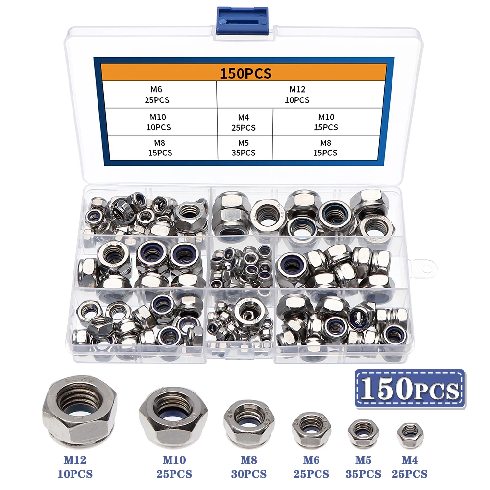 

150 PCS /set of Self-locking Stainless Steel Hexagon Srew Nut 6 Sizes Nut M4 M5 M6 M8 M10 M12 Assortment Sliver Bolts And Nuts