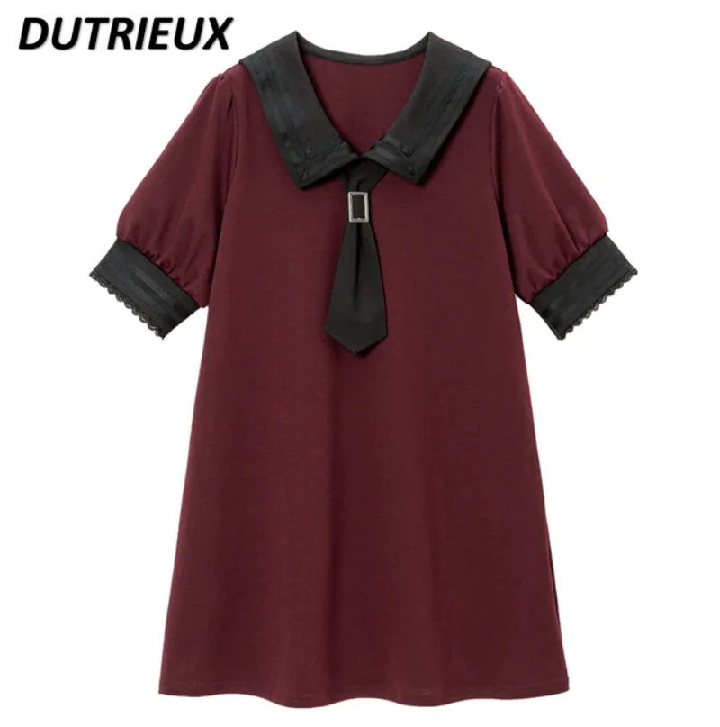 Customized Japanese Style Sweet and Cute Preppy Style Sailor Collar Tie Puff Short Sleeve Loose Belly-Covering Dress for Women