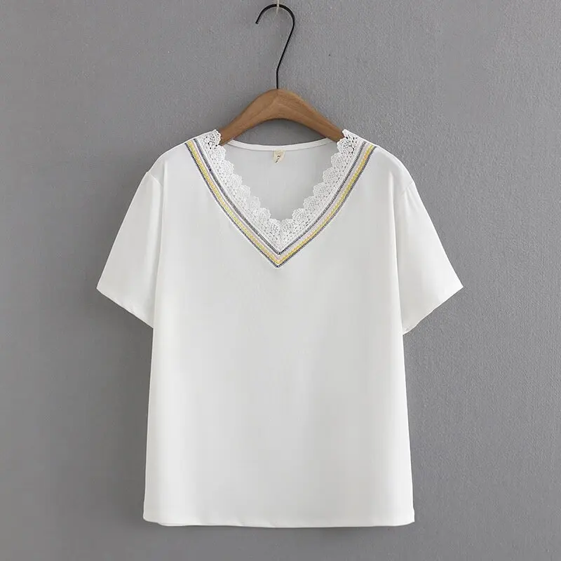 Plus Size Women's V-neck White Black Summer Shirts Oversized A-line Lace Patchwork Female Tops Fashion Casual Top