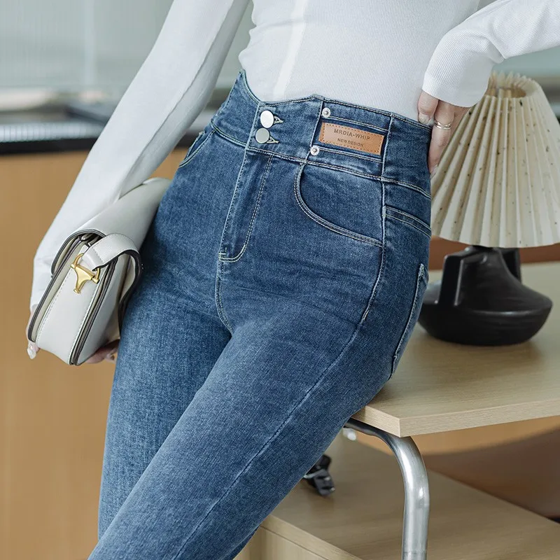 

GUUZYUVIZ High Waist Vintage Botton Denim Skinny Pants Casual OL Slim Elastic Pencil Jeans Women