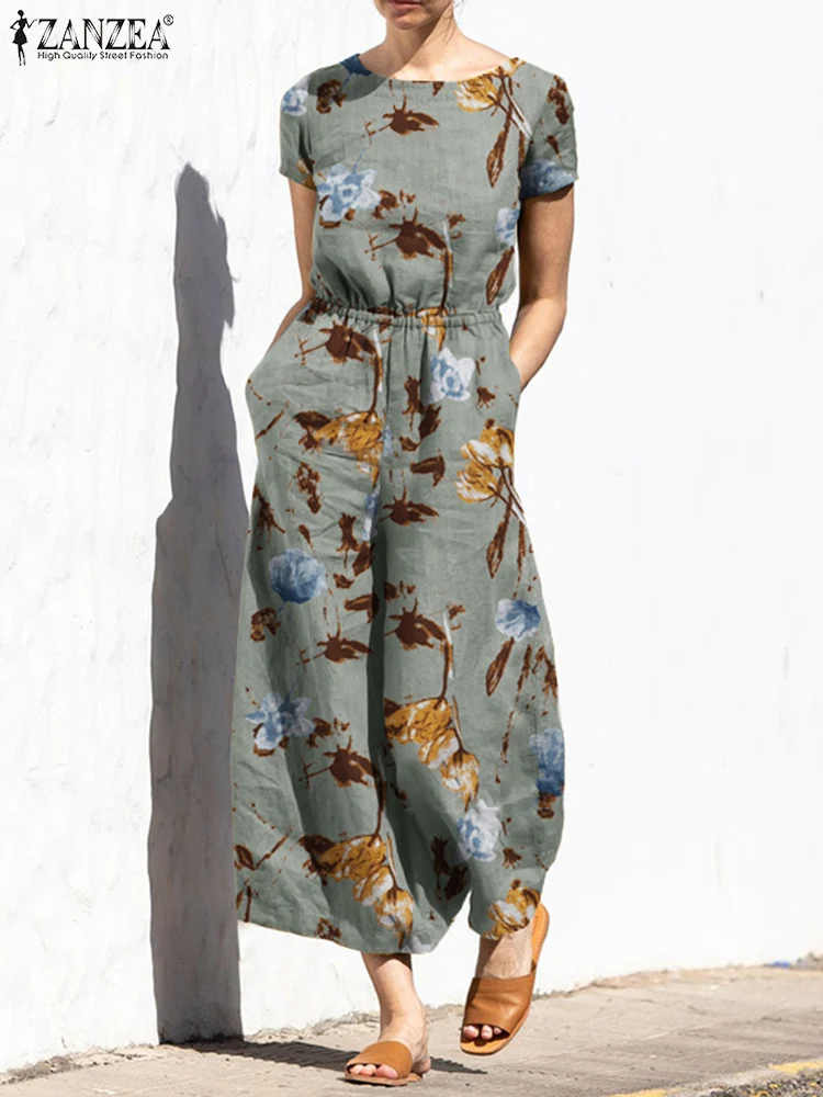 

ZANZEA Bohemian Summer Women Jumpsuit Floral Printed Short Sleeve O-Neck Playsuits Casual Fashion Vintage Work Wide Leg Overall