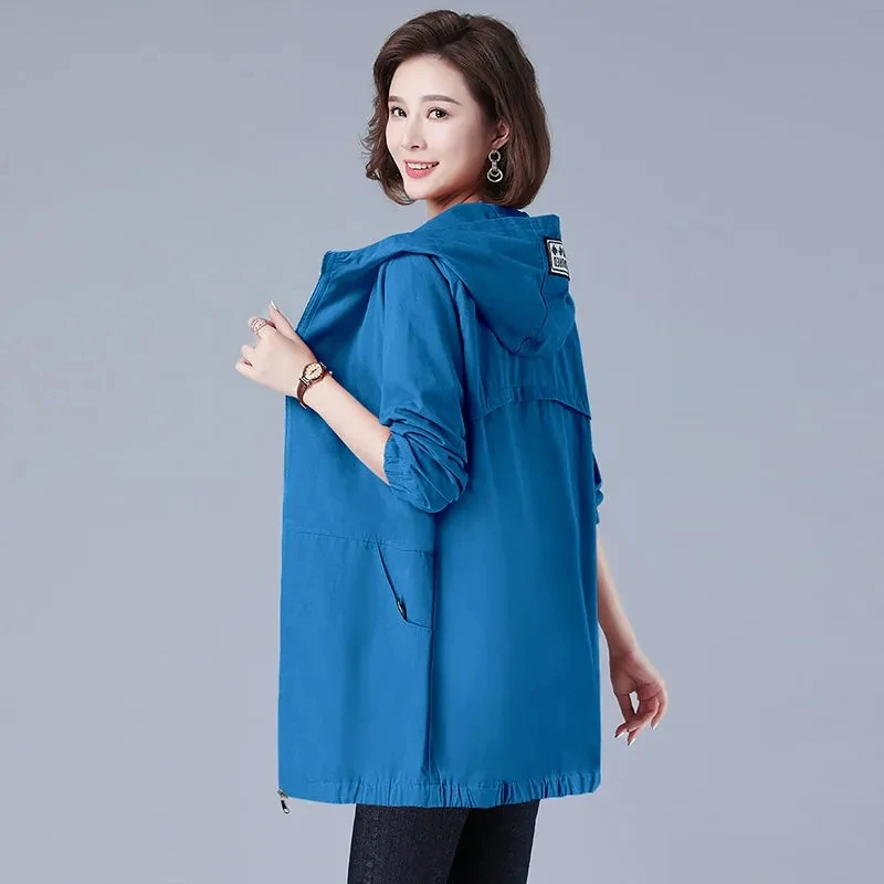 

Women’s Jacket Long Coat 2023 New Autumn Casual Windbreaker Famale Hooded Pocket Zipper Overcoat Loose Outerwear L-6XL