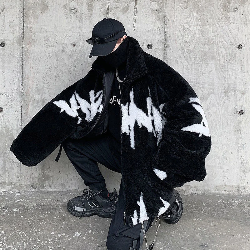 

Hybskr Winter New Lamb Wool Jacket Harajuku Fashion Casual Oversize Pattern Male Thicken Warm Parkas Hip Hop Loose Coat