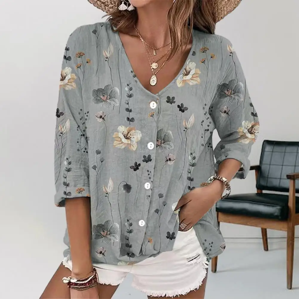 

Fall Spring Lady Top Flower Print V Neck Women's T-shirt Soft Casual Colorfast Spring-fall Blouse with Long Sleeves Buttons
