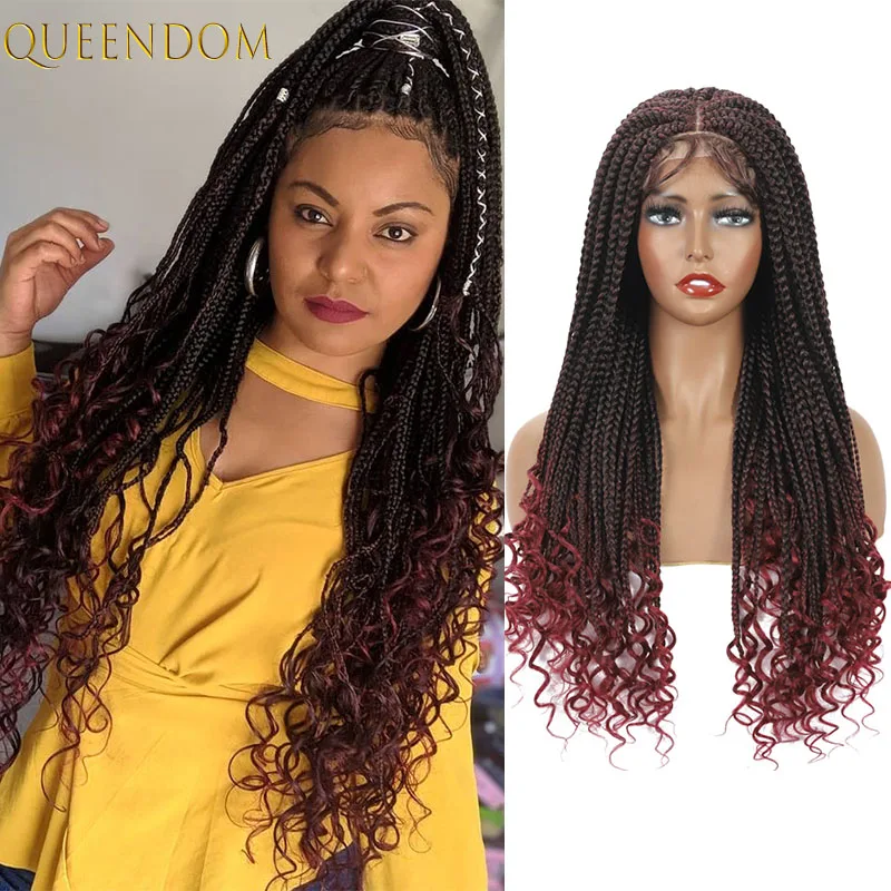 

Synthetic Box Braids Women's Wig Ombre Red Braided Lace Front Wig Curl End Natural Black 4x4 Swiss Lace Wig with Baby Hair Brown