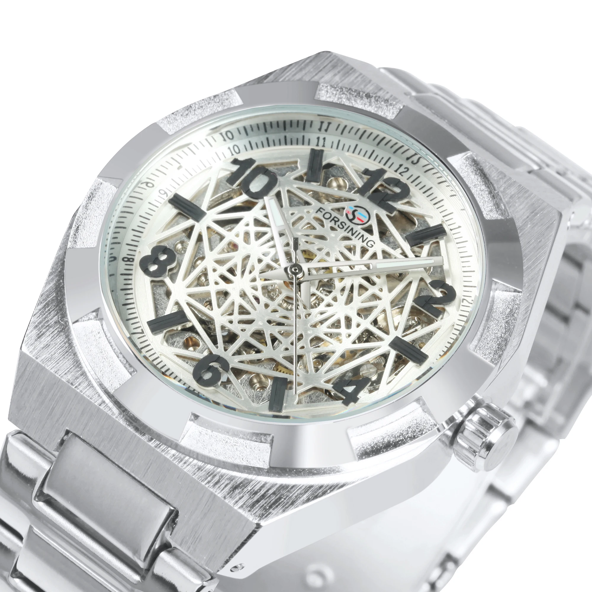 

FORSINING Luxury Skeleton Men Watch Fashion Irregular Automatic Mechancial Watches Silver Stainless Steel Strap Luminous Pointer