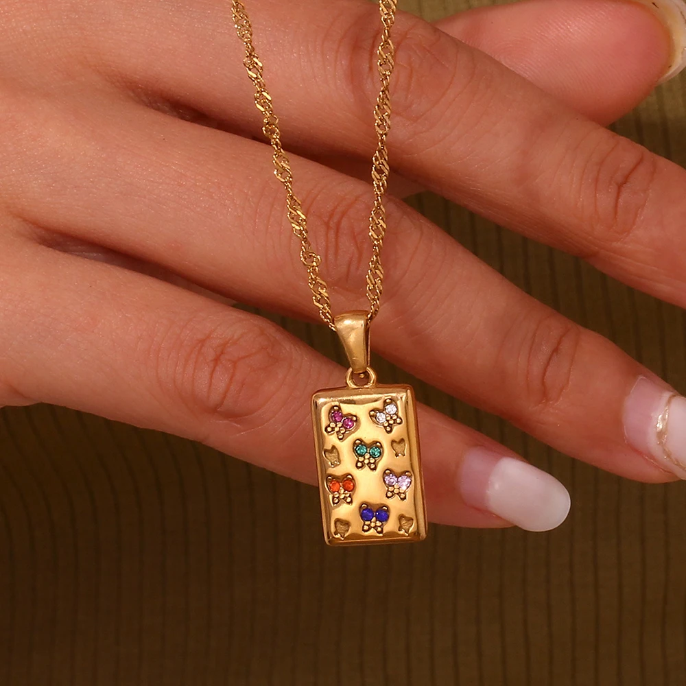 

Y2K Accessories Colorful Cubic Zirconia Butterfly Tarot Pendant Necklaces Sqaure Stainless Steel Gold Plated Necklace Jewelry