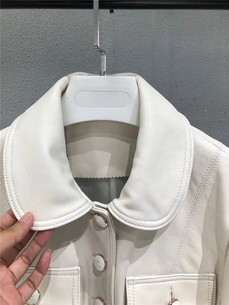 Fashion Brand Autumn Real Leather Coat Women Casual Slim Fashion Streetwear Sheep Leather Jacket Black White Female Clothes