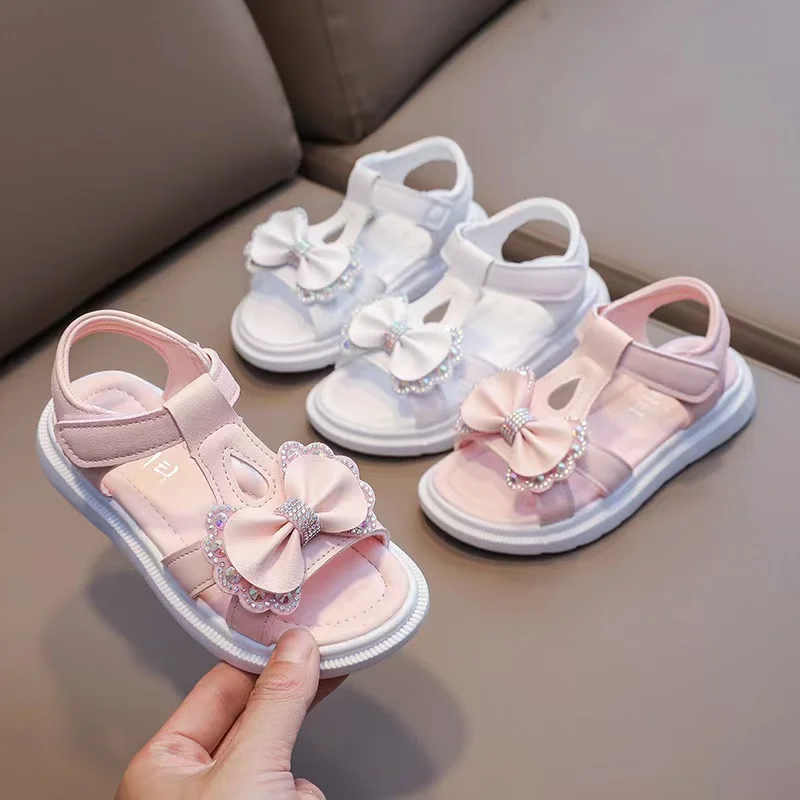 Congme Girls Sandals Summer Fashion Korean Style Kids Shoes Bow Crystal Anti-Slip Princess Shoes