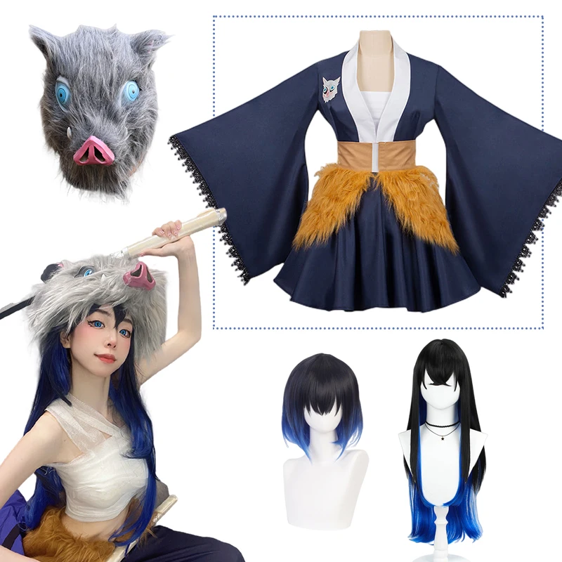 

Anime Demon Slayer Hashibira Inosuke Cosplay Costume Girls Dress Long Wig Maid Outfit Kimetsu No Yaiba Sexual Conversion Servant