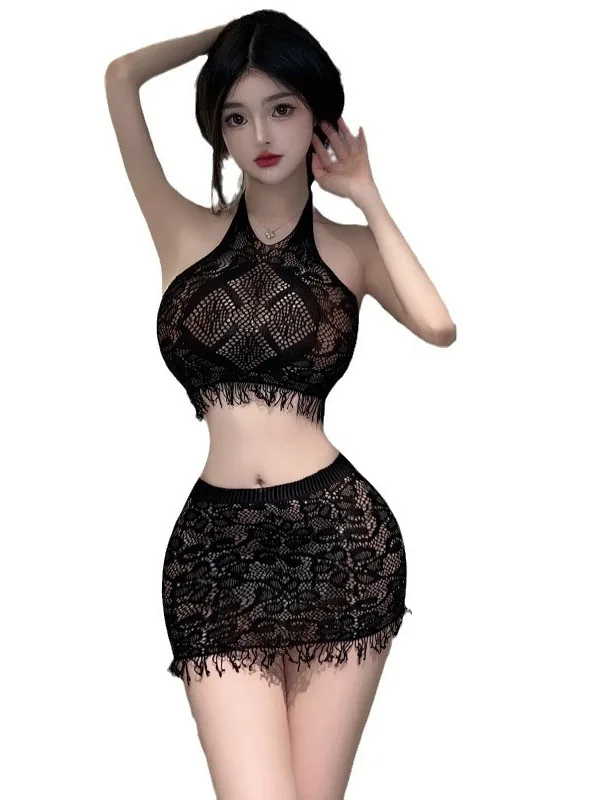 Сетчатые кружевные юбки сексуальное нижнее белье с кисточками лямкой на шее