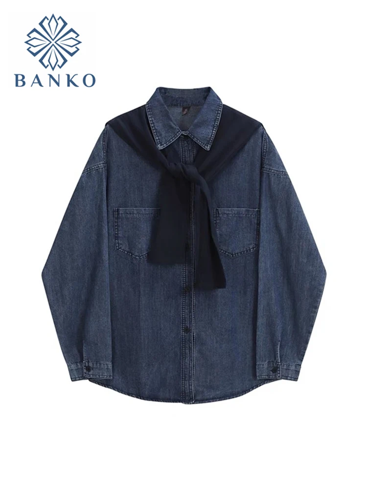 Women's Blue Denim Shirt Streetwear Oversize Blouse Long Sleeve 2022 Spring Korean Fashion With shawl Blouses Shirts Female Tops