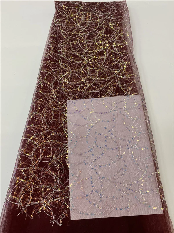 

Винная африканская кружевная ткань высокого качества, молочный шелк, кружевная вышивка блестками, французская фототкань для свадебного ши...