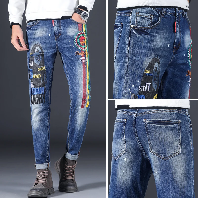 2023 New Fashion Colorful Printing Jeans Men's Straight Fit Elastic Men's Jeans Pants Men's Street Clothing Slim Fit Jeans