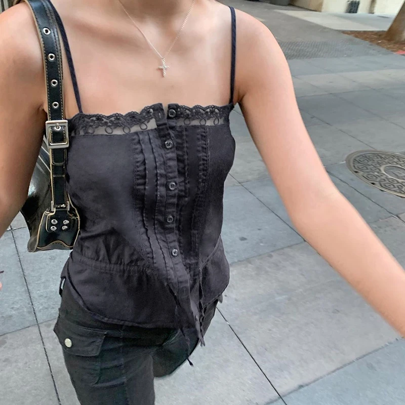 

Sunny y.j. Slash Neck Button Up Bandage Camisole Sexy Goth Y2K Cute Crop Top Women Patchwork Solid Black Harajuku Fashion Summer