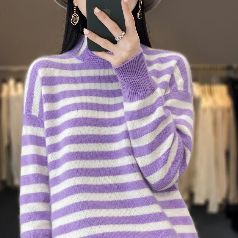

Женский пуловер из 100% чистой шерсти, повседневный модный вязаный свитер, новинка 2023, Женский кашемировый свитер с длинным рукавом и высоким воротником