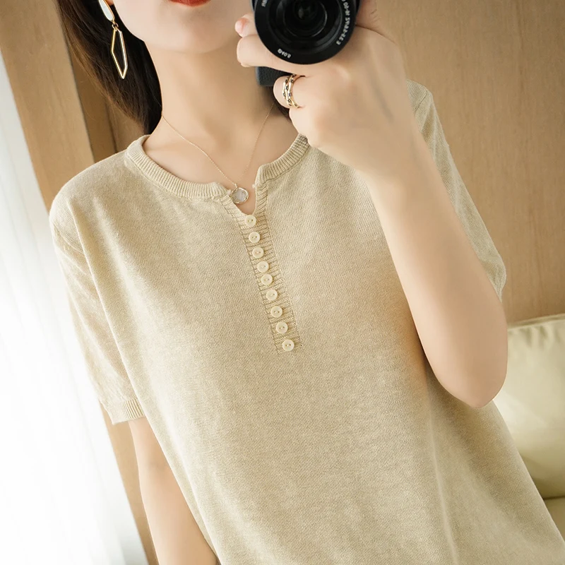 

100% cotton T-shirt 2022 new loose and comfortable solid color knitted short-sleeved women's sweater T-shirt O-neck pullover