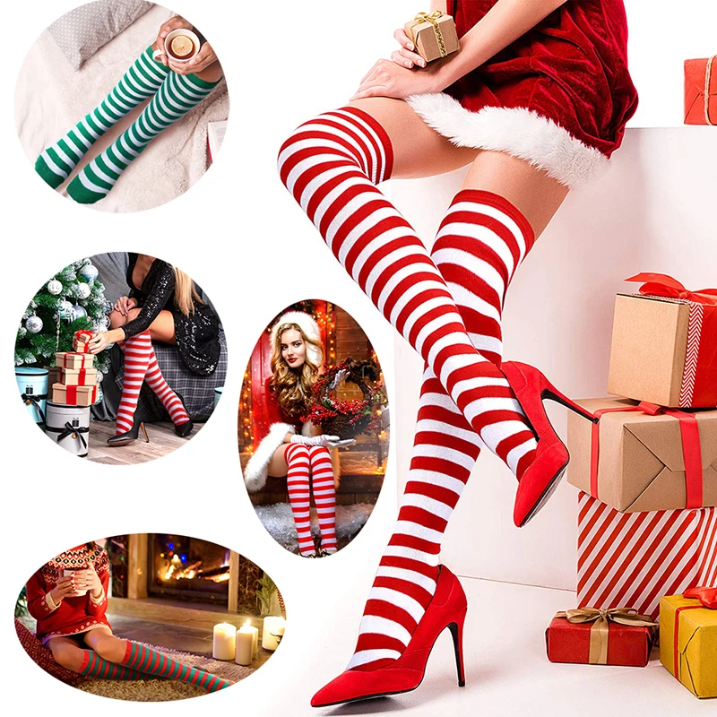 

Christmas Ornaments Socks Striped Long Stockings Xmas Decorations High Socks Girls Striped Knee High Socks Women Cosplay Party