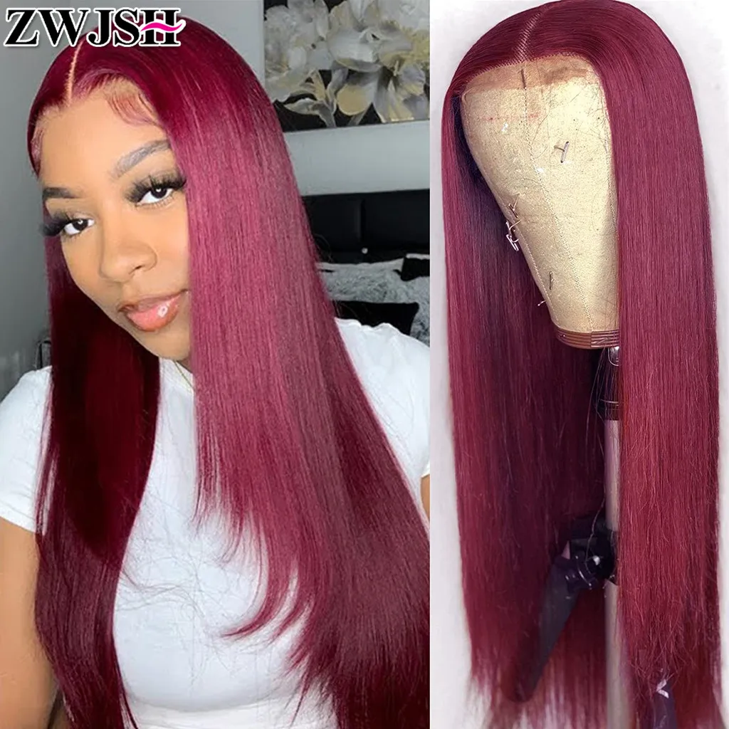 

13x4 13x6 HD Lace Front Frontal Wig for Women Remy Brazilian Human Hair Silky Straight 99J Pre Plucked Glueless ZWJSH