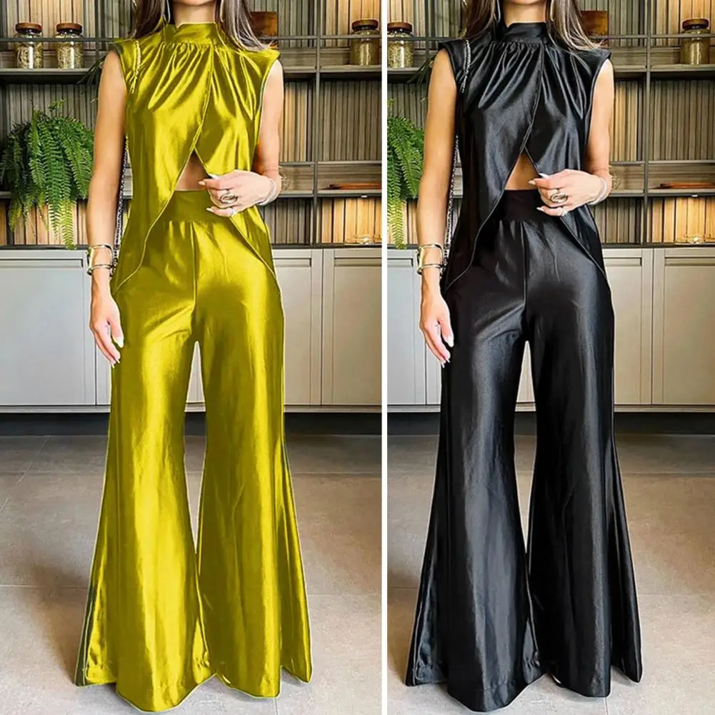 

2Pcs/Set Women Solid Color Smooth Satin O-Neck Irregular Split Hem Vest High Waist Flared Pants Set conjuntos de pantalones