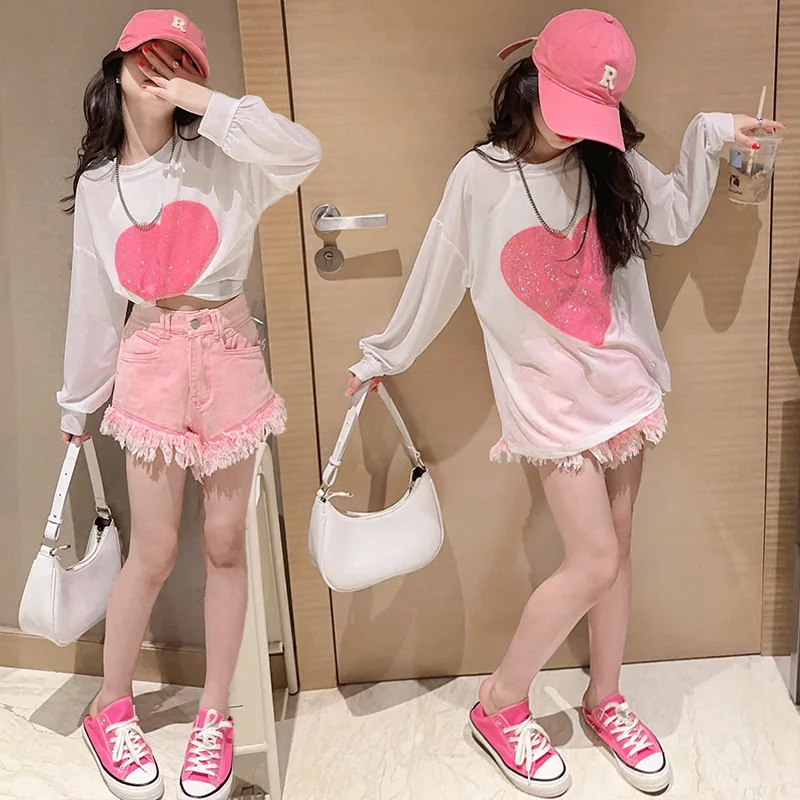 

summer 14 15 teenage girls clothes set Sunscreen T-shirt+vest+Denim Shorts 3pcs kids vetement enfant fille children outfit