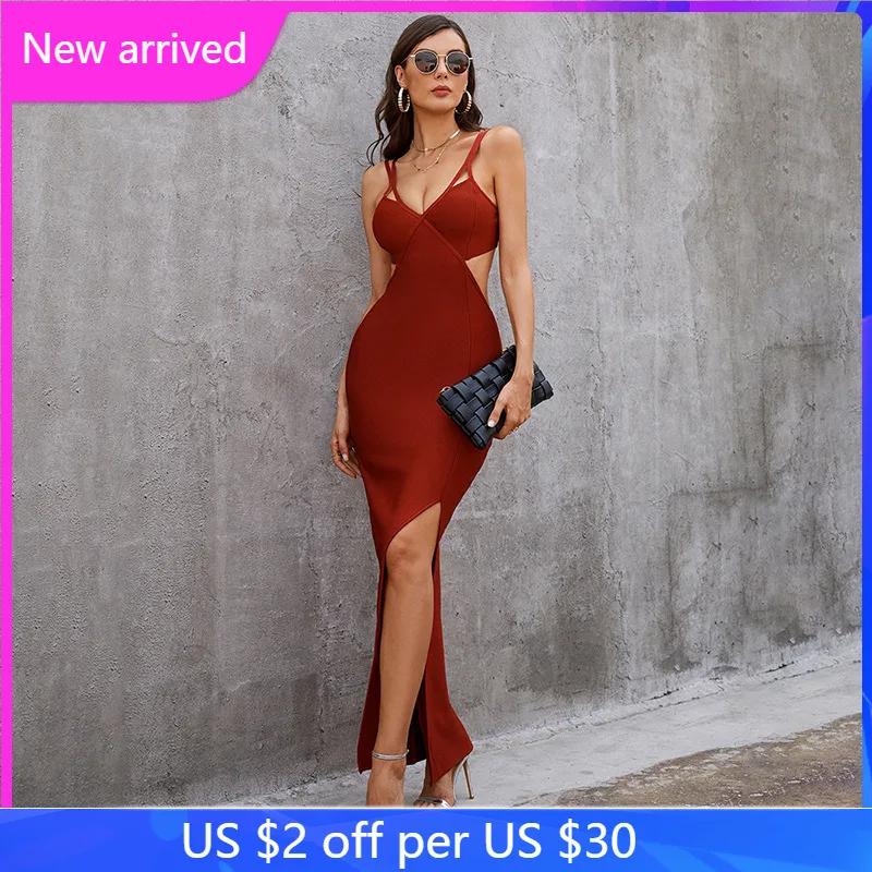 

High-end Women's Clothing Red Sexy Low-cut Suspenders Hollow Bandage Skirt Dinner Party High Slit Long Skirt Club Evening Dress