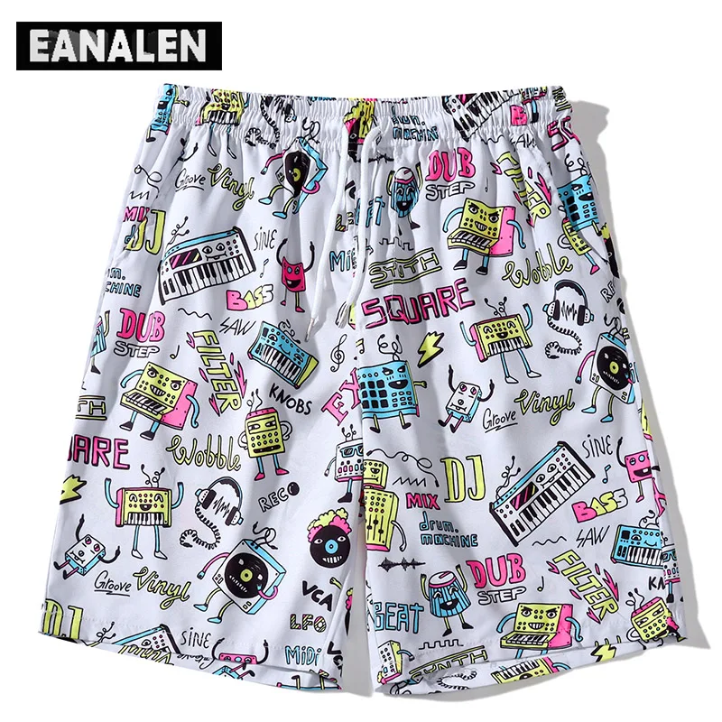 

Гавайские пляжные шорты в ретро стиле Харадзюку, белые Мультяшные Гавайские шорты с графическим рисунком аниме для плавания, спортивные шо...