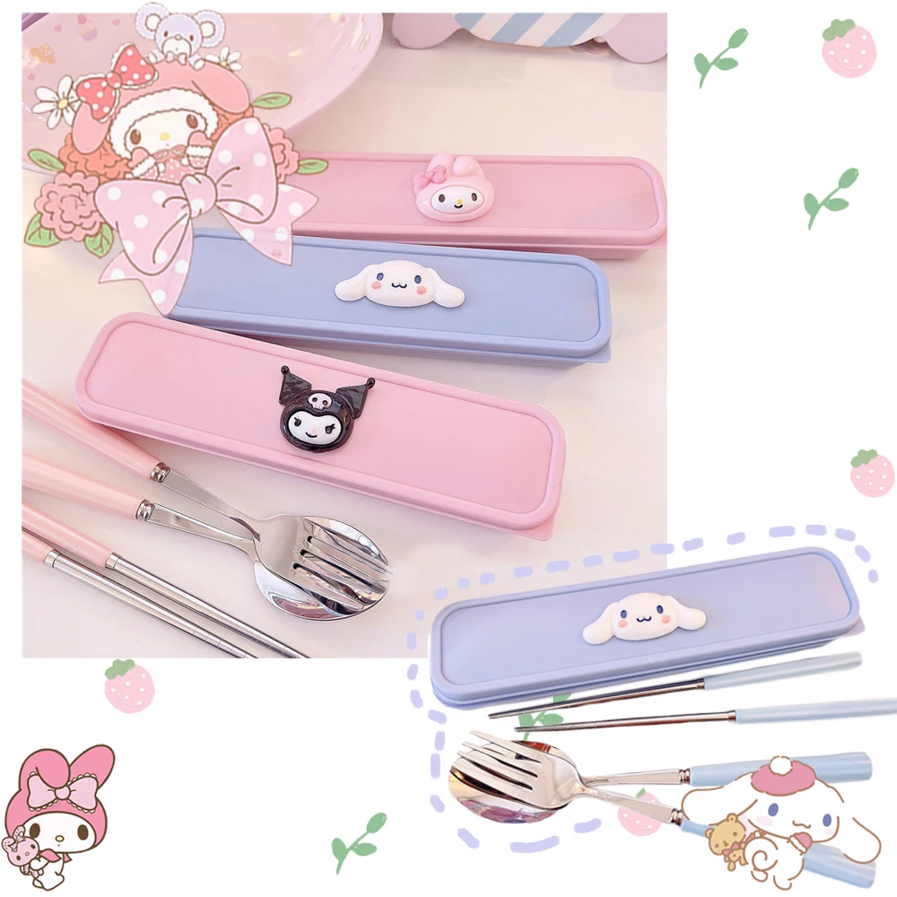 

Sanrioed My Melody Cinnamoroll Kuromi Stainless Steel Ceramic Spoon Fork Chopsticks Portable Suit Kawaii Cutlery Set Toy Gift