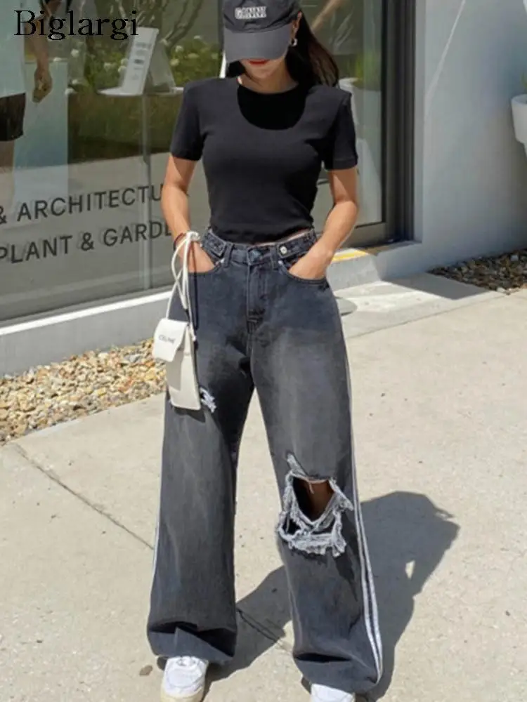 

Jeans Autumn High Waist Long Pants Women Striped Hollow Hole Loose Ladies Jeans Trousers Modis Patchwork Woman Jeans Pants 2023