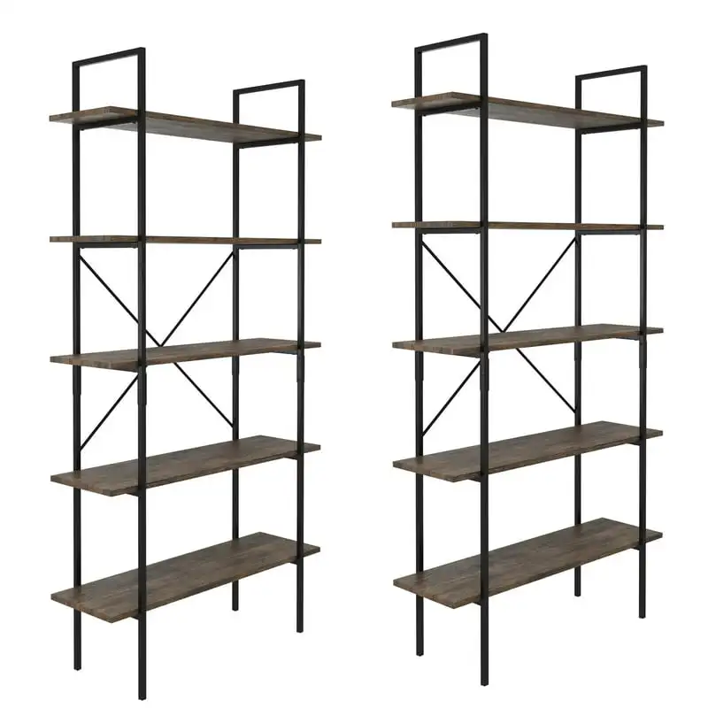 

5-Tier Bookshelf Industrial Style Freestanding Wooden Bookcases, Brown Woodgrain, Set of 2