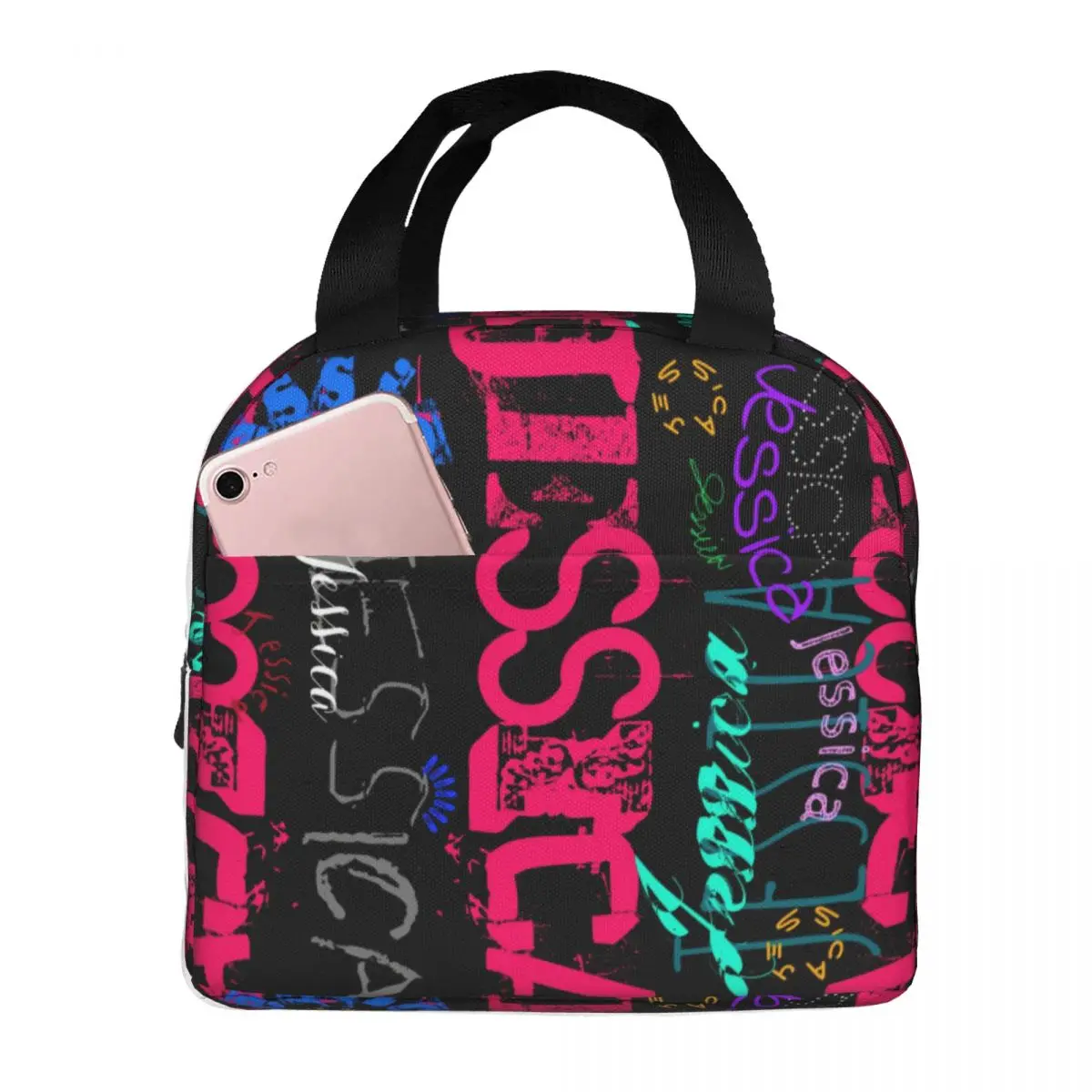 

Letters Word Art Lunch Bag with Handle Abstract Graffiti Food Cooler Bag Cute Clutch School Thermal Bag