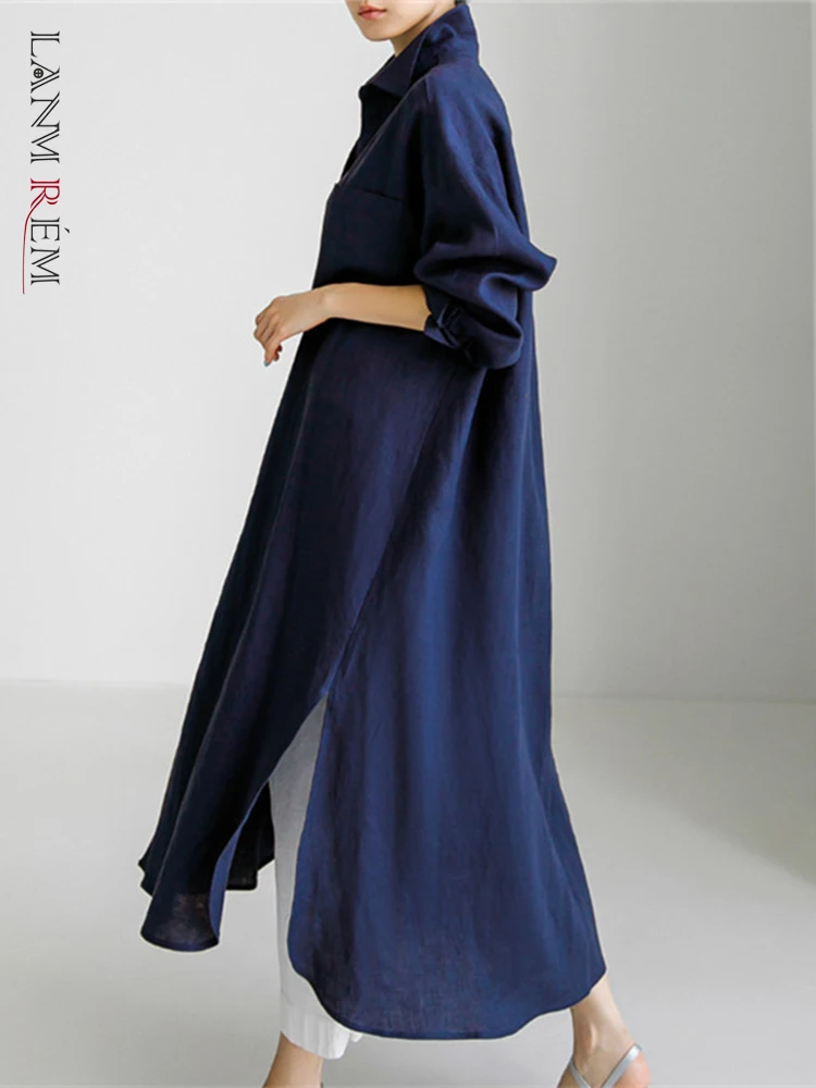 

LANMREM Long Shirts Lapel Single Breasted Loose Casual Cotton Linen Solid Color Split Side Shirt For Women 2023 Spring 2R6952