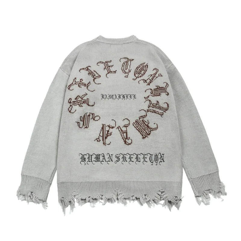 

2023 Y2K Skeleton Jacquard Sweater Mens High Street Autumn Knitted Sweater Raw Hem Ripped Loose O Neck Long Sleeve Pullover Men