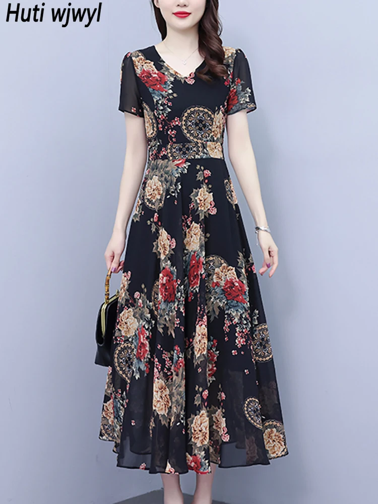 

2023 Black Floral Chiffon Luxury Long Dress Women Vintage Elegant Prom Party Midi Dress Summer Fashion Bodycon Evening Vestidos