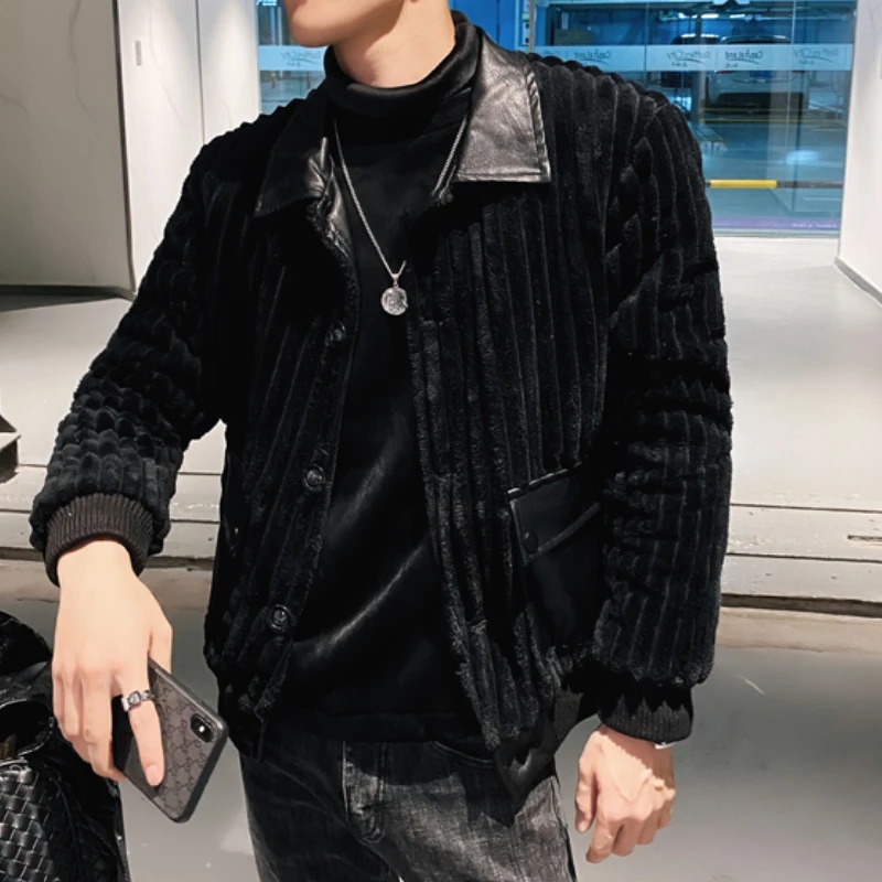 2022 Winter Corduroy PU Patchwork Jacket Men Fashion Streetwear Parka Jackets Lapel Slim Casual Business Overcoat Men Clothing