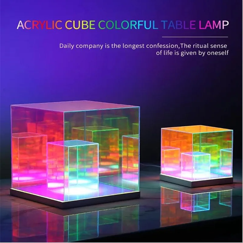 3D Acrylic Cube Table Lamp Colorful Phantom Magician Atmosphere Desk Light Nightlight for TV PC Gaming Party Coffee Hotel Room